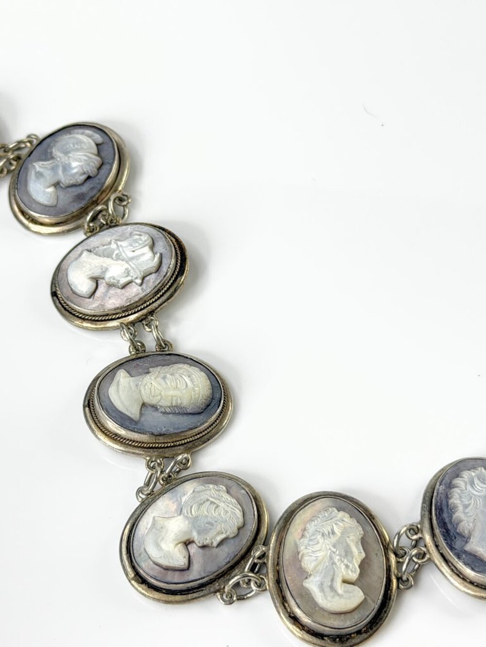 Early Century Sterling Silver Hand-Carved MOP Cameo Bracelet 7" 34.2g JR2183